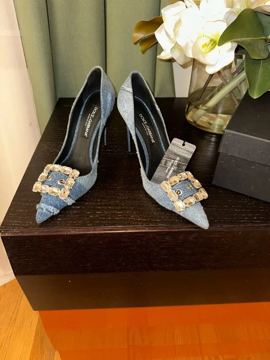 Dolce & Gabbana Denim Pointed Toe Pumps with Jeweled Buckles size 40 worn once - Picture 1 of 9